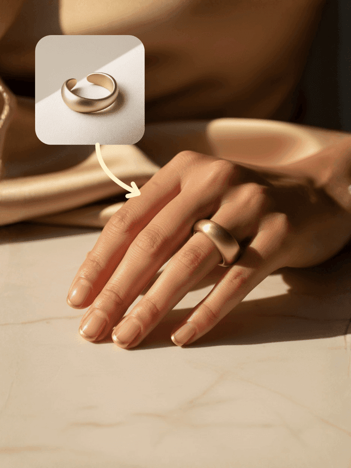 AI ring try-on image showing realistic hand model with accurate scale and lighting