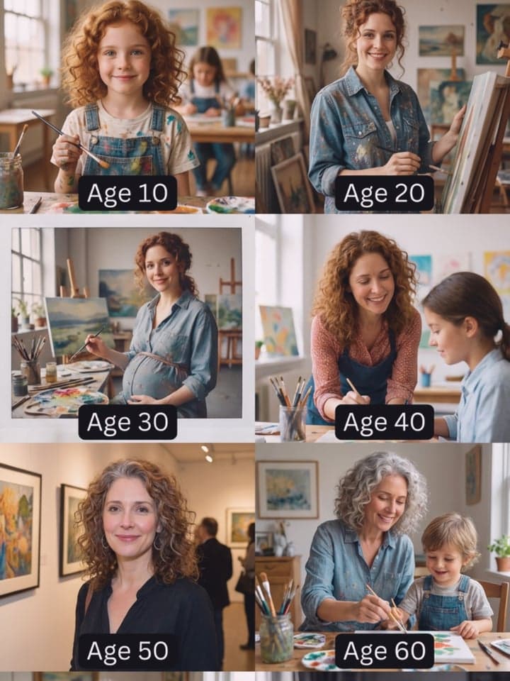 AI age change effect example showing younger and older variations of a portrait in one layout
